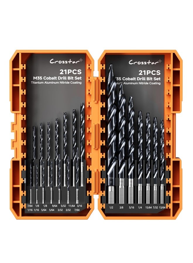 Crosstar Cobalt Stepped Point Drill Bit Set-21pcs 1/16"-1/2" TiAlN Coated Step Drill Head,M35 HSS Jobber Bits,No Pre-Drilling,3-Flat Shank,with Indexed Storage Case,Precise Drilling,for Hardened Steel - Image 1