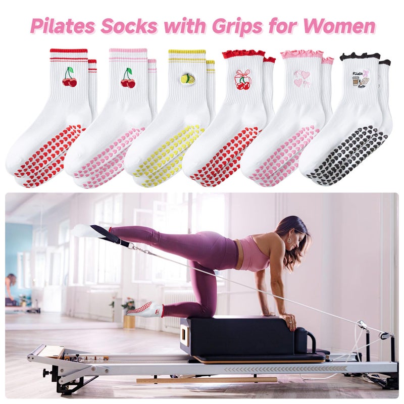 DZSoCoki Grip Socks Pilates,4/6Pairs Cotton Cute Pilates Socks for Women, Ruffle Grippy Sock for Yoga Barre Hospital 5-10in (4PairsFruit1Red+1Pink+1Yellow+1Green) - Image 2