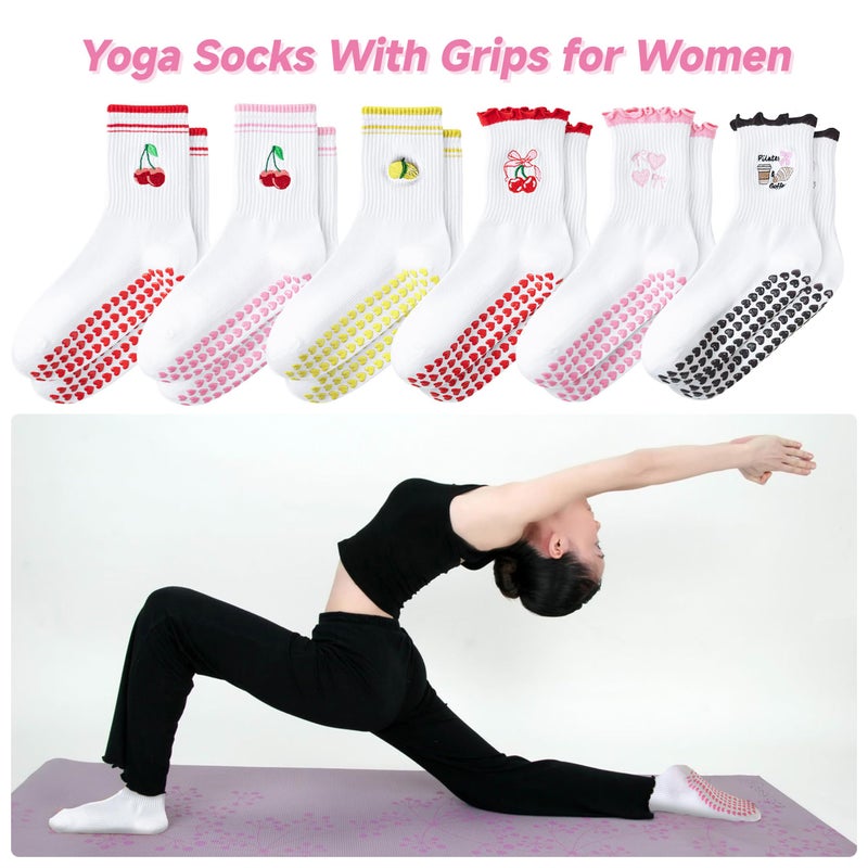 DZSoCoki Grip Socks Pilates,4/6Pairs Cotton Cute Pilates Socks for Women, Ruffle Grippy Sock for Yoga Barre Hospital 5-10in (4PairsFruit1Red+1Pink+1Yellow+1Green) - Image 4