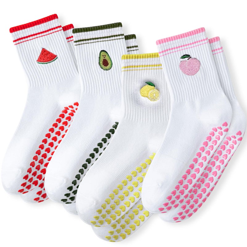 DZSoCoki Grip Socks Pilates,4/6Pairs Cotton Cute Pilates Socks for Women, Ruffle Grippy Sock for Yoga Barre Hospital 5-10in (4PairsFruit1Red+1Pink+1Yellow+1Green) - Image 1
