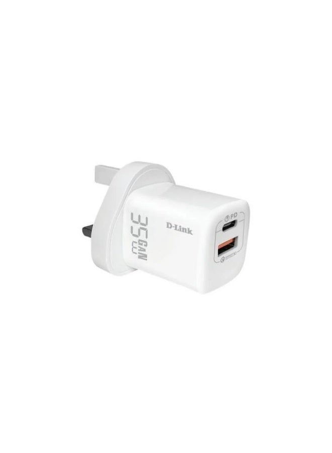 D-Link 35W GaN USB Wall Charger, Dual-Port Fast Charger, USB-C PD 3.0 & USB-A QC 3.0, Charges iPhone, iPad, Samsung Galaxy & MacBook, Ultra-Compact Travel Size white