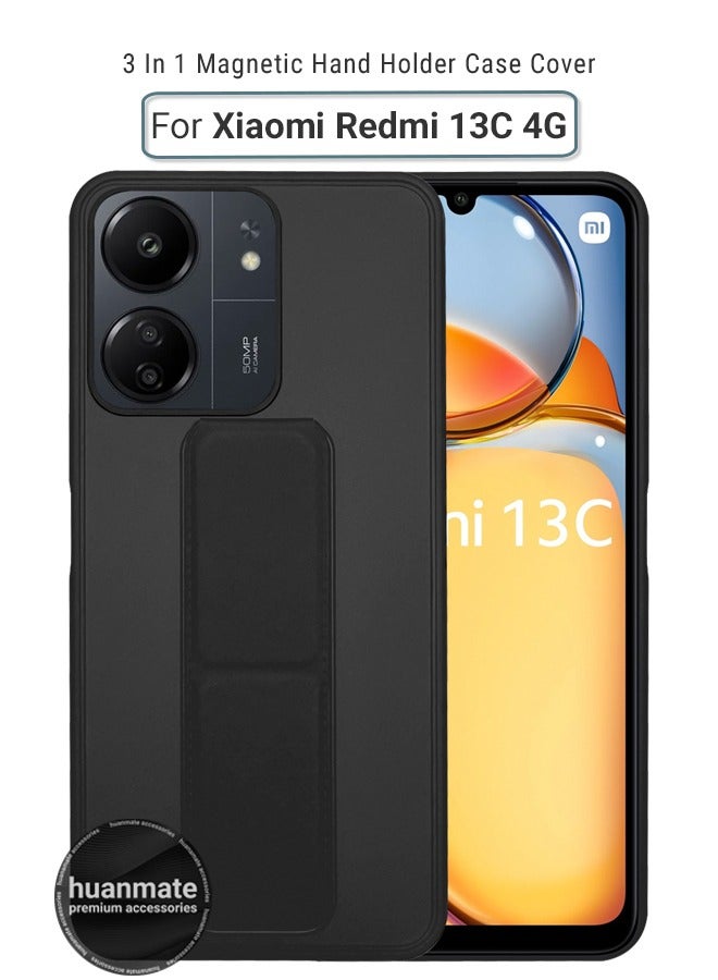 هووانميت حافظة لهاتف شاومي ريدمي 13 سي 4 جي، حافظة مغناطيسية ممتازة مع حامل مقبض يدوي ومسند - غطاء أنيق وعملي لقبضة معززة وراحة مطلقة وتجربة مشاهدة بدون استخدام اليدين - أسود - Image 1