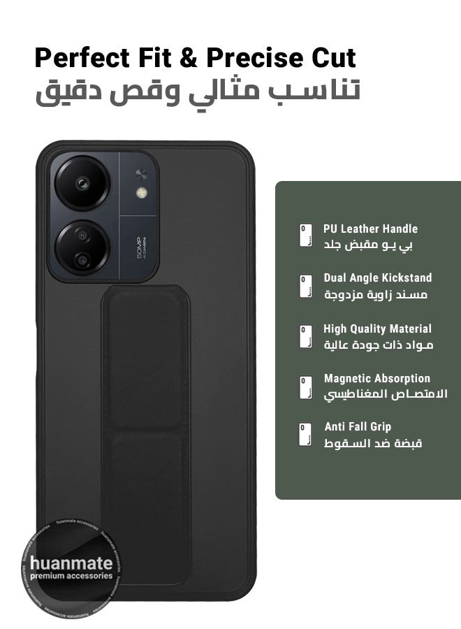 هووانميت حافظة لهاتف شاومي ريدمي 13 سي 4 جي، حافظة مغناطيسية ممتازة مع حامل مقبض يدوي ومسند - غطاء أنيق وعملي لقبضة معززة وراحة مطلقة وتجربة مشاهدة بدون استخدام اليدين - أسود - Image 2