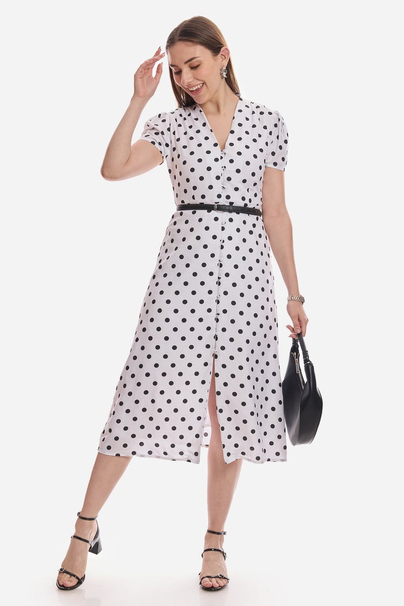Virgio Polka Dots Viscose V-Neck Gathered Dress for Women - Image 1