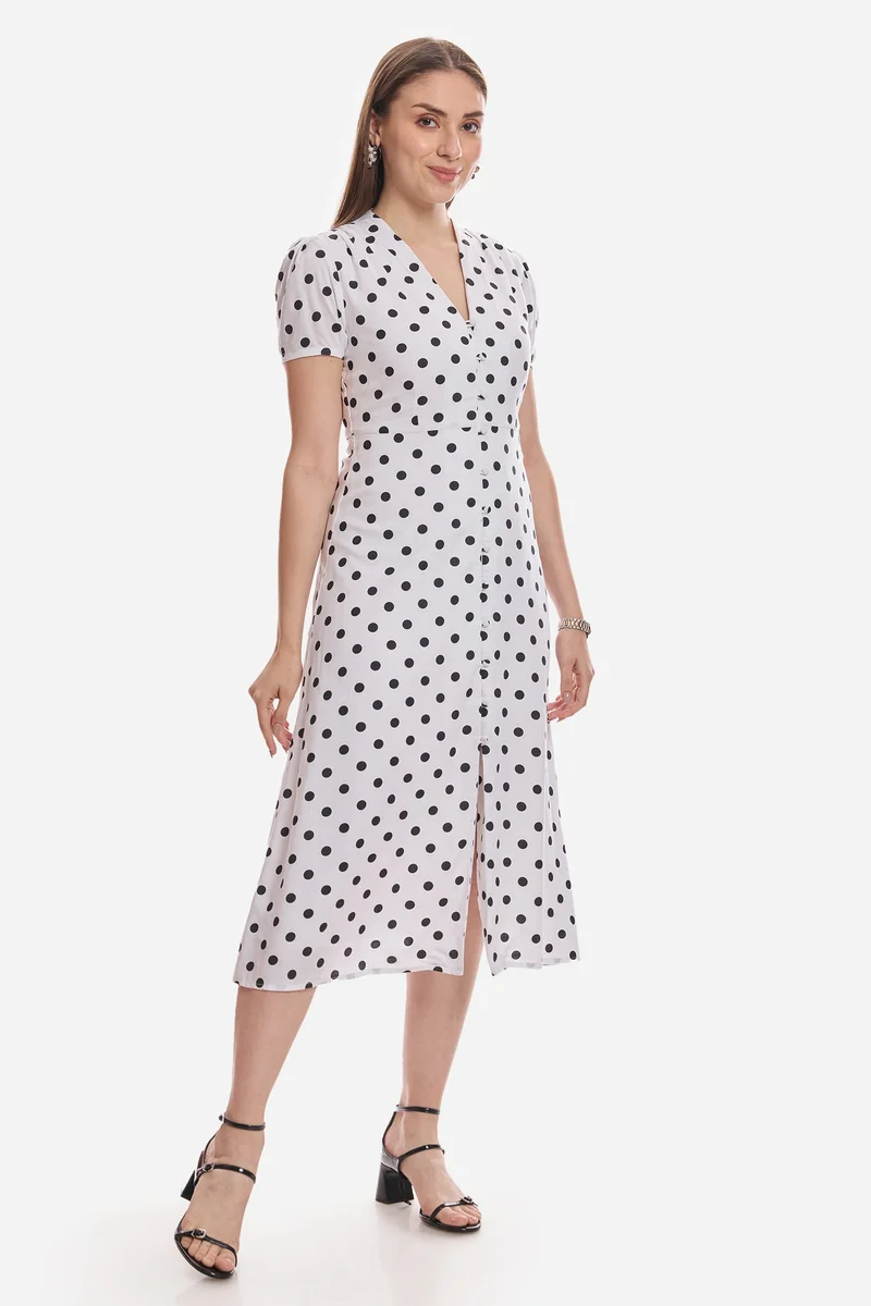 Virgio  Polka Dots Viscose V-Neck Gathered Dress for Women for Women | Best Price UAE