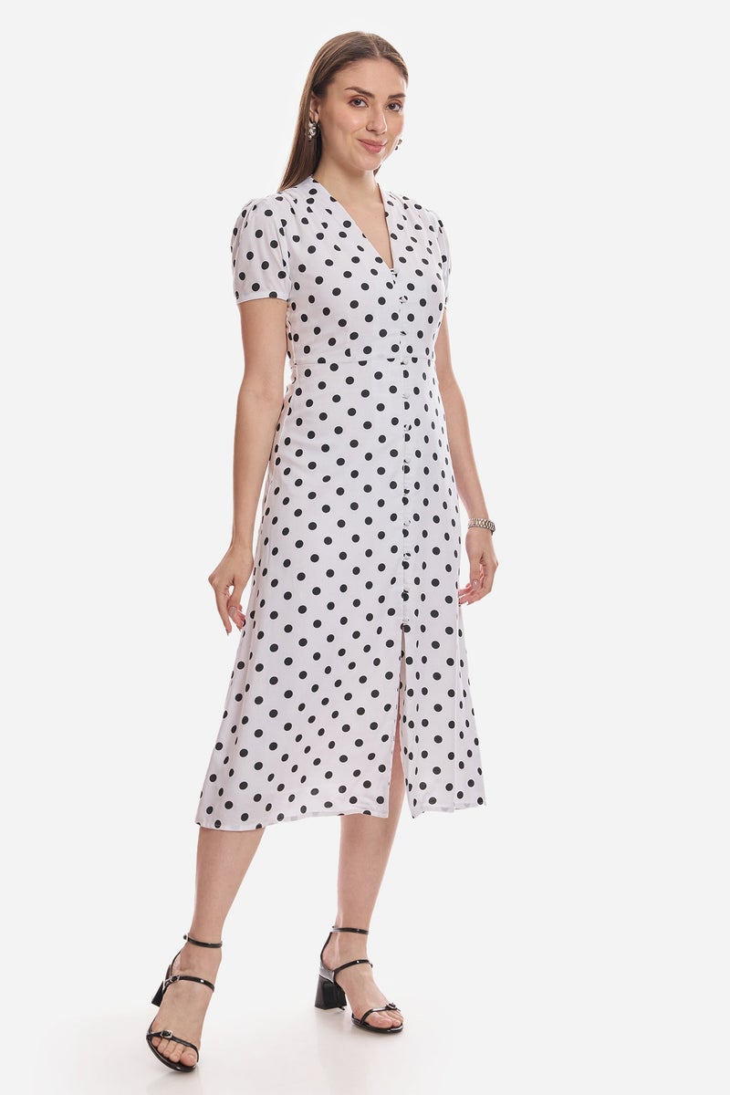 Virgio Polka Dots Viscose V-Neck Gathered Dress for Women - Image 4