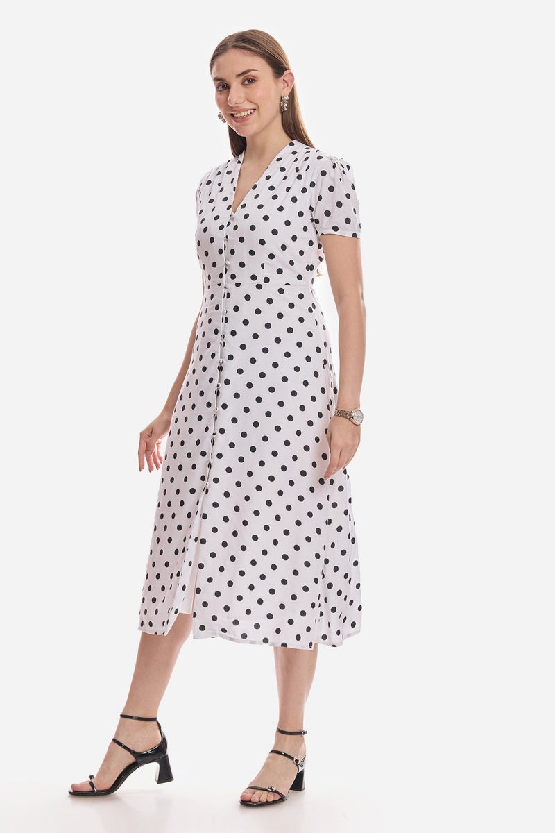 Virgio Polka Dots Viscose V-Neck Gathered Dress for Women - Image 3