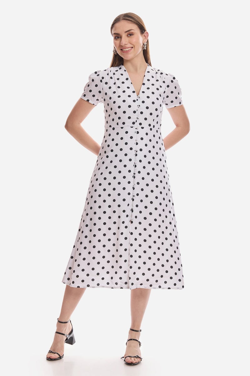 Virgio Polka Dots Viscose V-Neck Gathered Dress for Women - Image 2