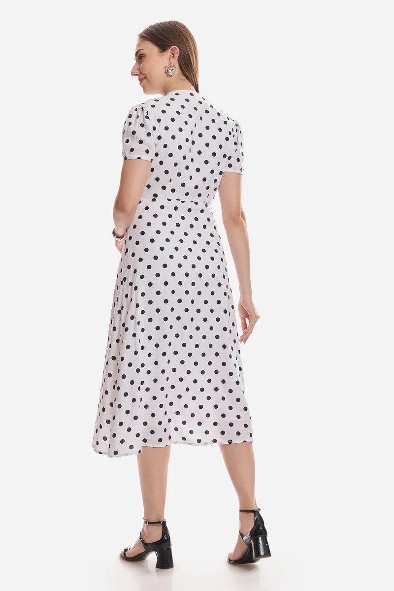 Virgio  Polka Dots Viscose V-Neck Gathered Dress for Women for Women | Best Price UAE