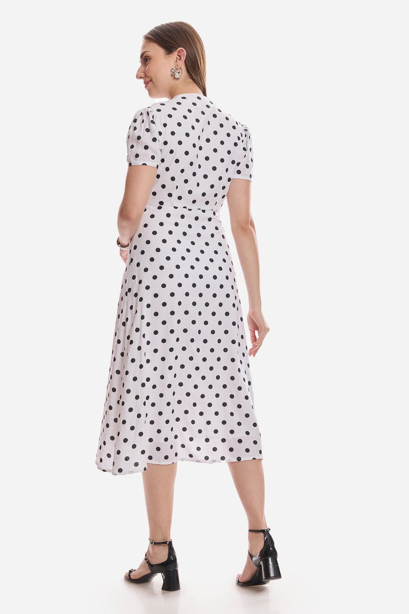 Virgio Polka Dots Viscose V-Neck Gathered Dress for Women - Image 5