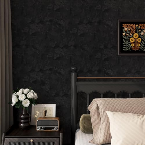 lenify Black Peel and Stick Wallpaper Black Floral Wallpaper 15.7inch x 118.1inch Vintage Embossed Textured Contact Paper Embossed Self Adhesive Wall Paper for Cabinets Pure Flower Removable Vinyl - Image 2