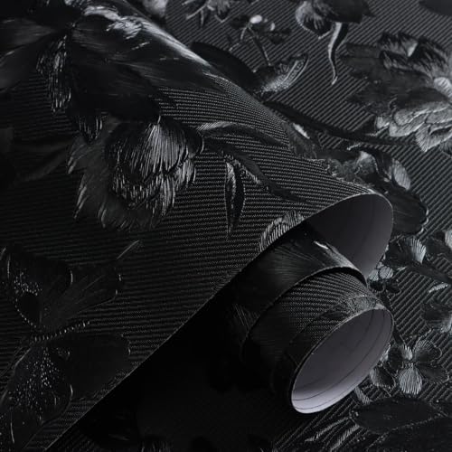 lenify Black Peel and Stick Wallpaper Black Floral Wallpaper 15.7inch x 118.1inch Vintage Embossed Textured Contact Paper Embossed Self Adhesive Wall Paper for Cabinets Pure Flower Removable Vinyl - Image 1