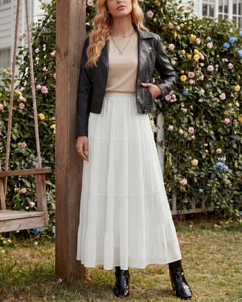 Yewanka Women's Chiffon Pleated Maxi Skirt Elastic High Waisted Boho A-Line Fall Flowy White Long Skirts with Lining - Image 3