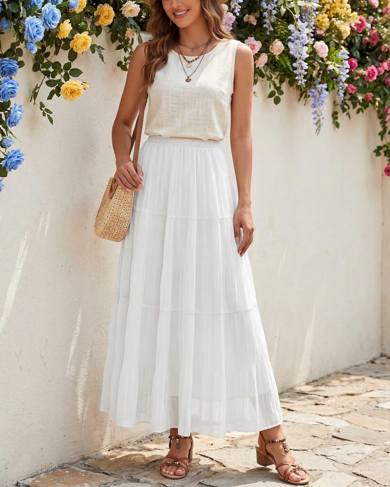 Yewanka Women's Chiffon Pleated Maxi Skirt Elastic High Waisted Boho A-Line Fall Flowy White Long Skirts with Lining - Image 2
