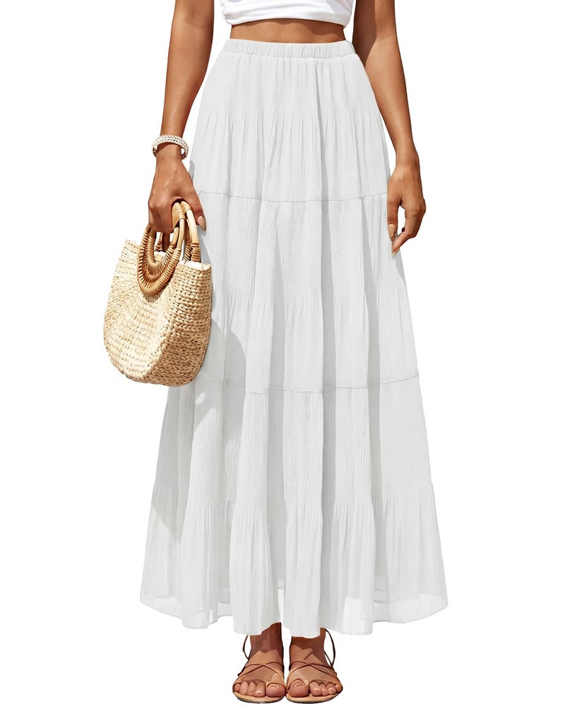 Yewanka Women's Chiffon Pleated Maxi Skirt Elastic High Waisted Boho A-Line Fall Flowy White Long Skirts with Lining - Image 1