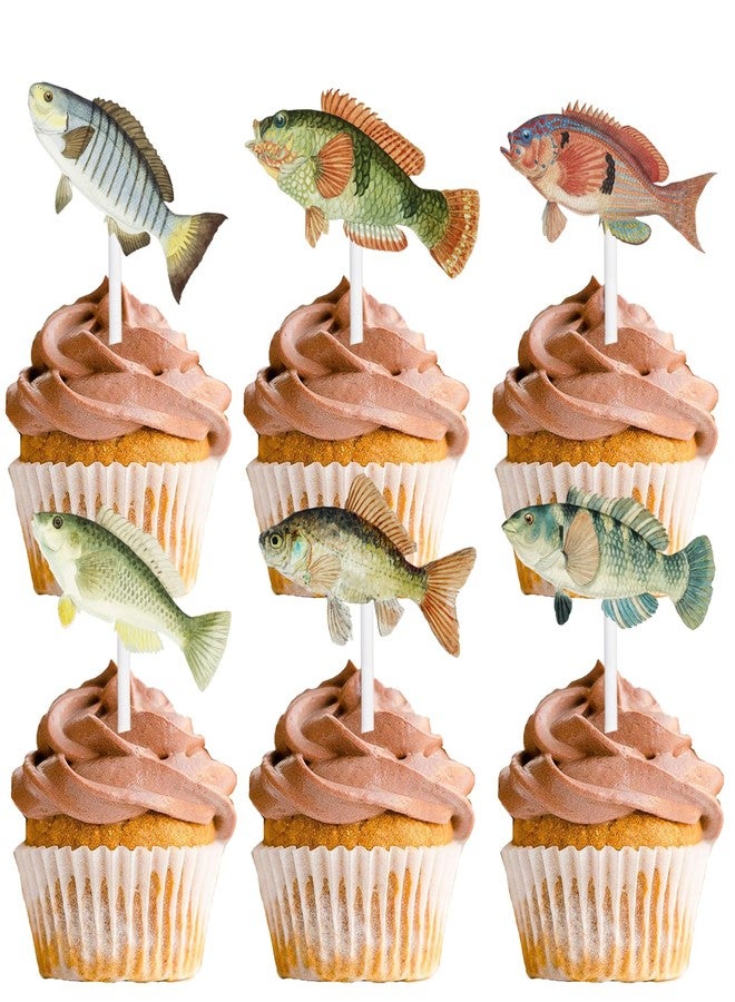 LETLIMIT 18pcs Glitter Fish Dessert Cupcake Topper Go Fishing Theme Decorations Baby Shower Boys Girls Happy Birthday Party Decor Supplies - Image 1