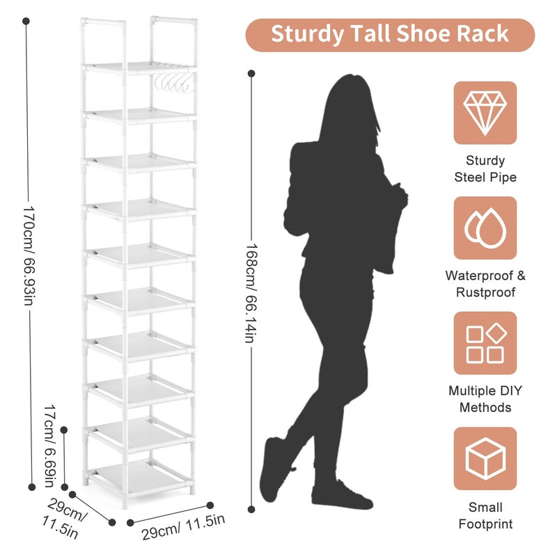 LANTEFUL Tall Narrow Shoe Rack 10-Tier Skinny Shoe Shelf Storage for 10-15 Pairs Shoes and Boots, Space Saving Corner Shoe Rack Organizer for Closet, Entryway, Garage, Living Room,White - Image 3