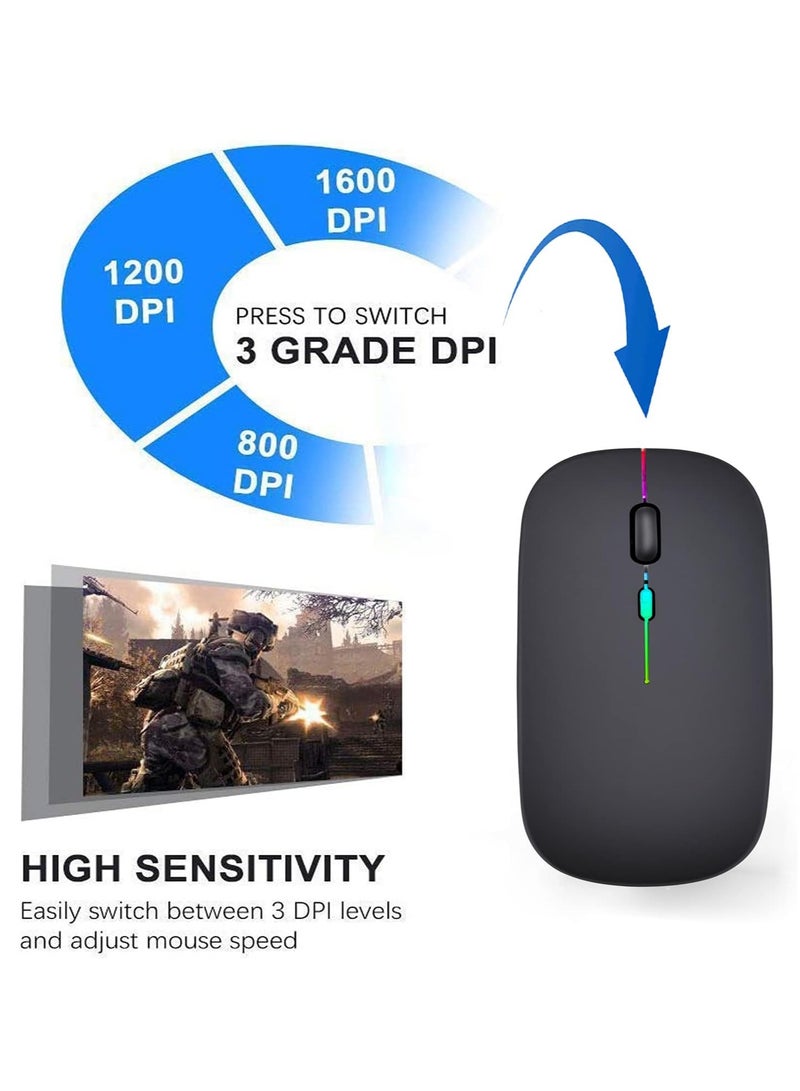 ماوس بلوتوث لاسلكي قابل لإعادة الشحن مع إضاءة RGB، عمر طويل ومسافة نقل USB ثابتة تصل إلى 10 أمتار - أسود