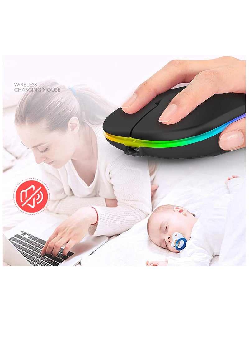 ماوس بلوتوث لاسلكي قابل لإعادة الشحن مع إضاءة RGB، عمر طويل ومسافة نقل USB ثابتة تصل إلى 10 أمتار - أسود