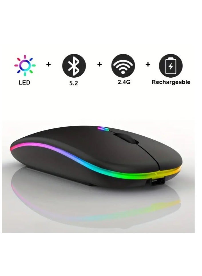 ماوس بلوتوث لاسلكي قابل لإعادة الشحن مع إضاءة RGB، عمر طويل ومسافة نقل USB ثابتة تصل إلى 10 أمتار - أسود