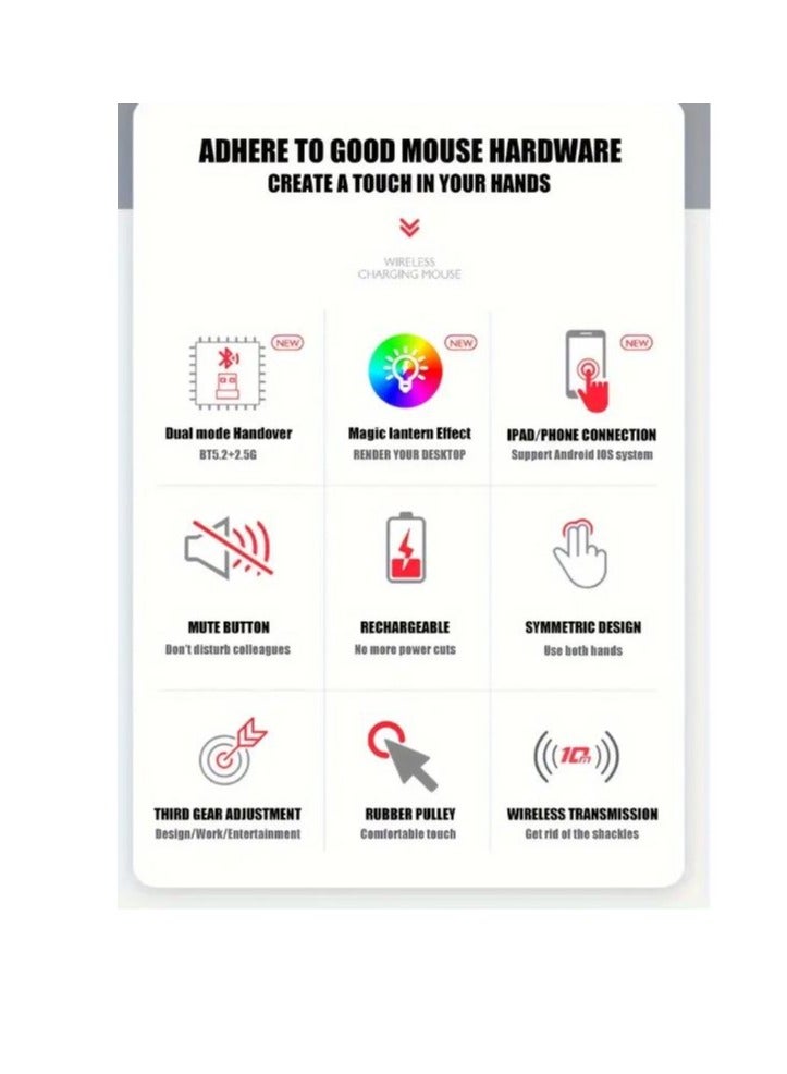 ماوس بلوتوث لاسلكي قابل لإعادة الشحن مع إضاءة RGB، عمر طويل ومسافة نقل USB ثابتة تصل إلى 10 أمتار - أسود