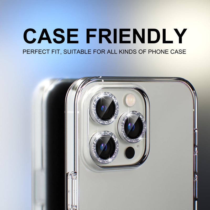 Choiche Compatible for iPhone 13 Pro/iPhone 13 Pro Max Camera Lens Protector Bling, 9H Tempered Glass Camera Cover Screen Protector Metal Ring Decoration Accessories (Glitter-Silver) - Image 4