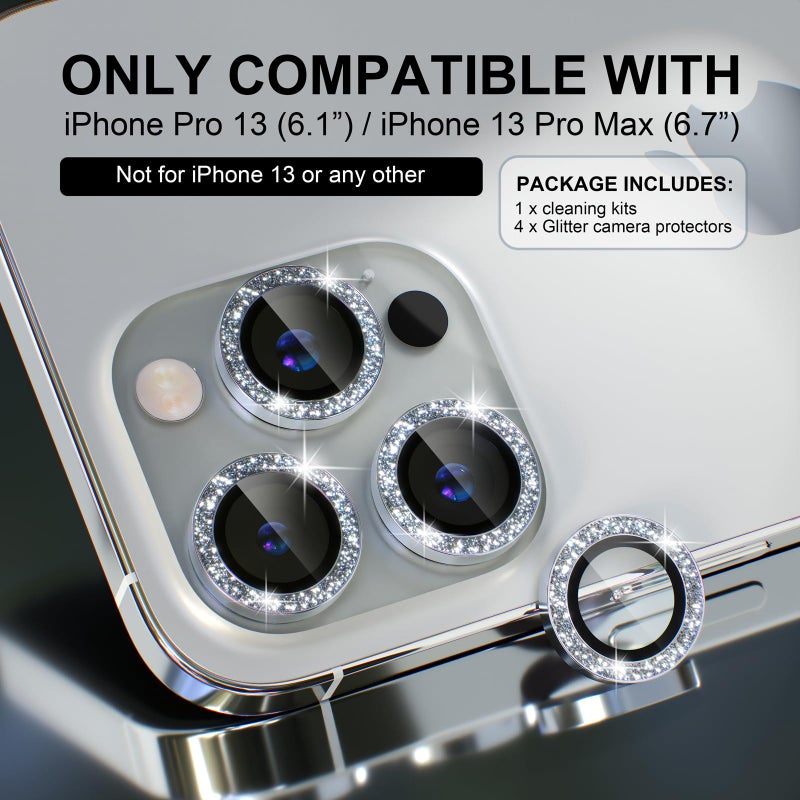 Choiche Compatible for iPhone 13 Pro/iPhone 13 Pro Max Camera Lens Protector Bling, 9H Tempered Glass Camera Cover Screen Protector Metal Ring Decoration Accessories (Glitter-Silver) - Image 2