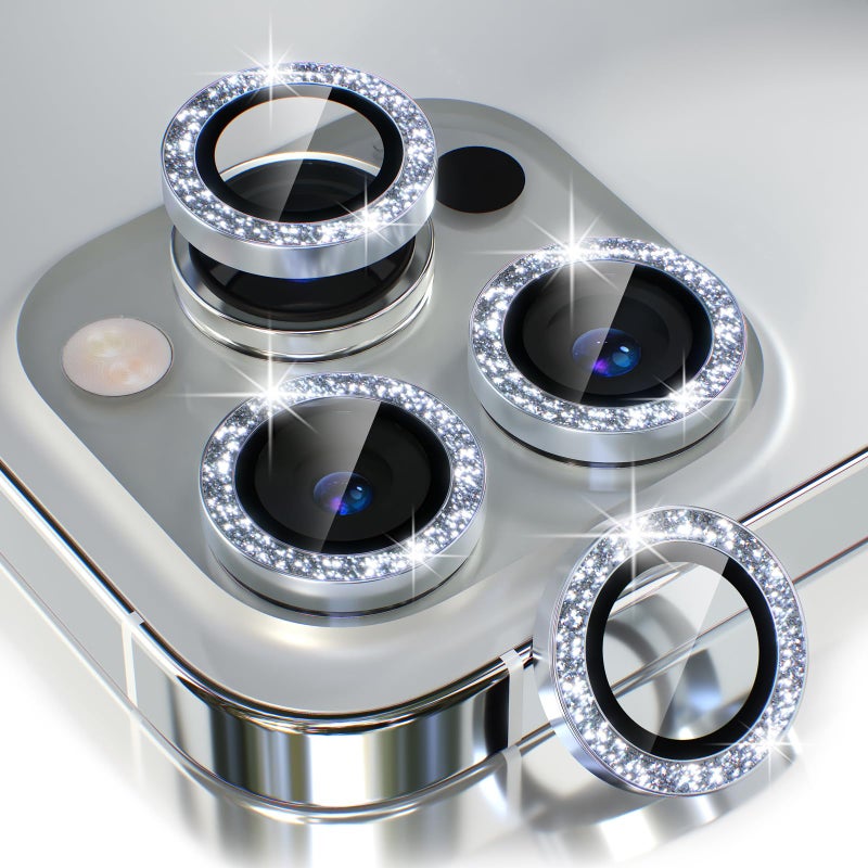 Choiche Compatible for iPhone 13 Pro/iPhone 13 Pro Max Camera Lens Protector Bling, 9H Tempered Glass Camera Cover Screen Protector Metal Ring Decoration Accessories (Glitter-Silver) - Image 1