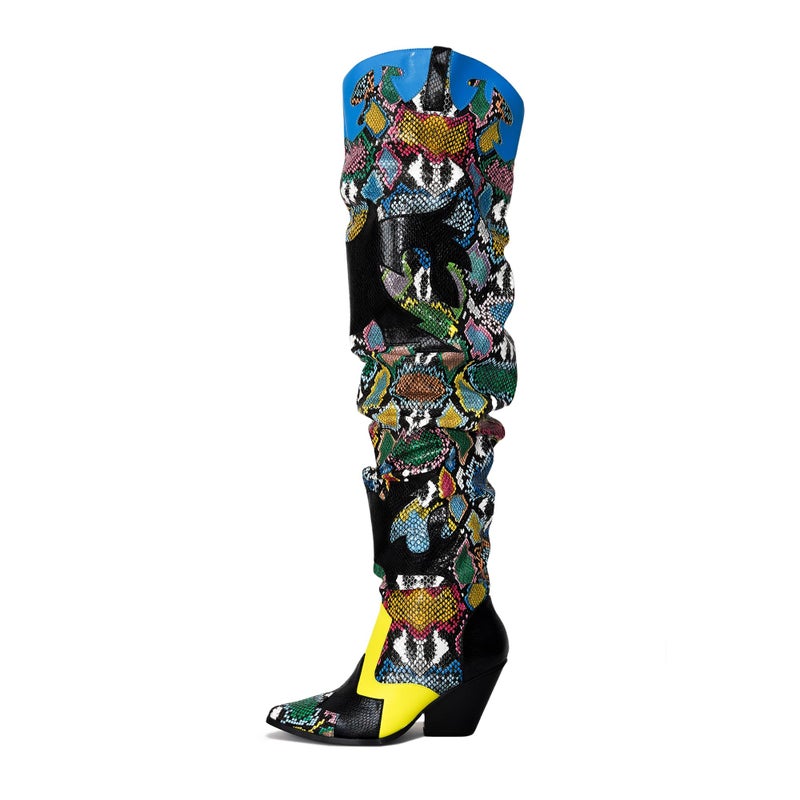 Cape Robbin Women's Thigh High Cowboy Boots with Chunky Heel - Faux Snakeskin Western Booties | Slip Resistant Block Heels for Fall Winter (Hilda) - Colorful Size 8 - Image 1