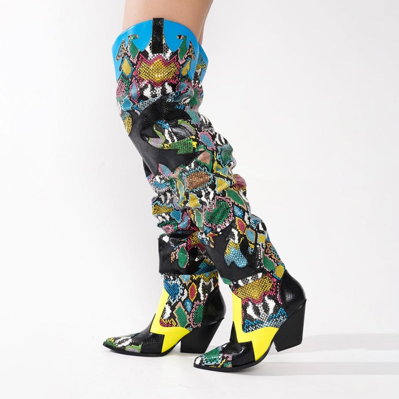 Cape Robbin Women's Thigh High Cowboy Boots with Chunky Heel - Faux Snakeskin Western Booties | Slip Resistant Block Heels for Fall Winter (Hilda) - Colorful Size 8 - Image 3