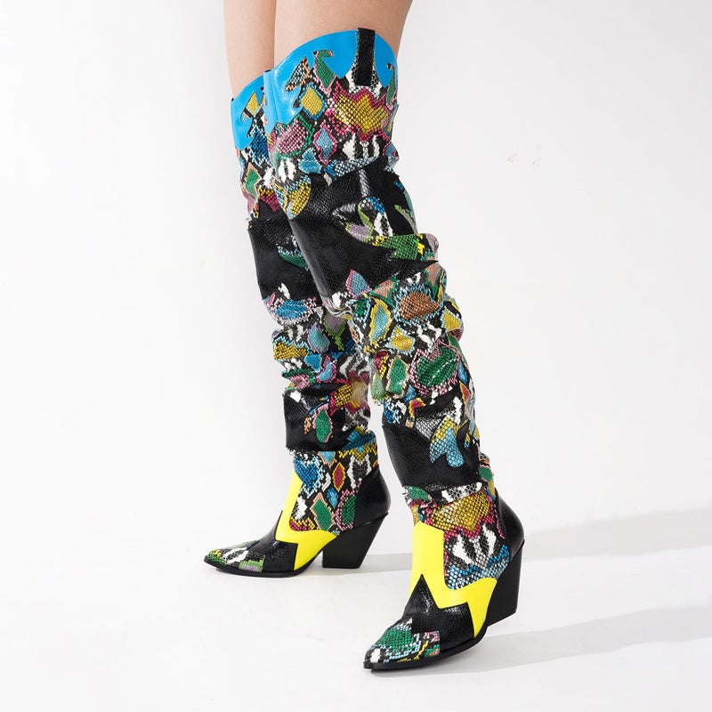 Cape Robbin Women's Thigh High Cowboy Boots with Chunky Heel - Faux Snakeskin Western Booties | Slip Resistant Block Heels for Fall Winter (Hilda) - Colorful Size 8 - Image 5