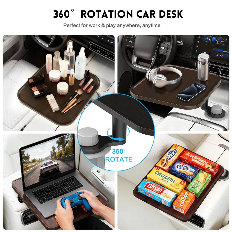 VSTM 360Â° Rotation Car Desk for Laptop, Height-Adjustable Cup Holder Table, Wooden Car Food Tray & Laptop Mount Compatible with Tesla Model Y/3/S, Ford F150/Explorer/Maverick & Most Vehicles (Dark Walnut) - Image 5