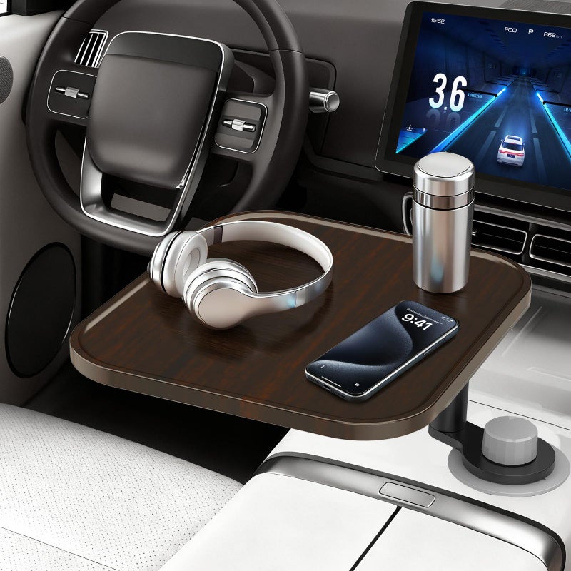 VSTM 360Â° Rotation Car Desk for Laptop, Height-Adjustable Cup Holder Table, Wooden Car Food Tray & Laptop Mount Compatible with Tesla Model Y/3/S, Ford F150/Explorer/Maverick & Most Vehicles (Dark Walnut) - Image 2