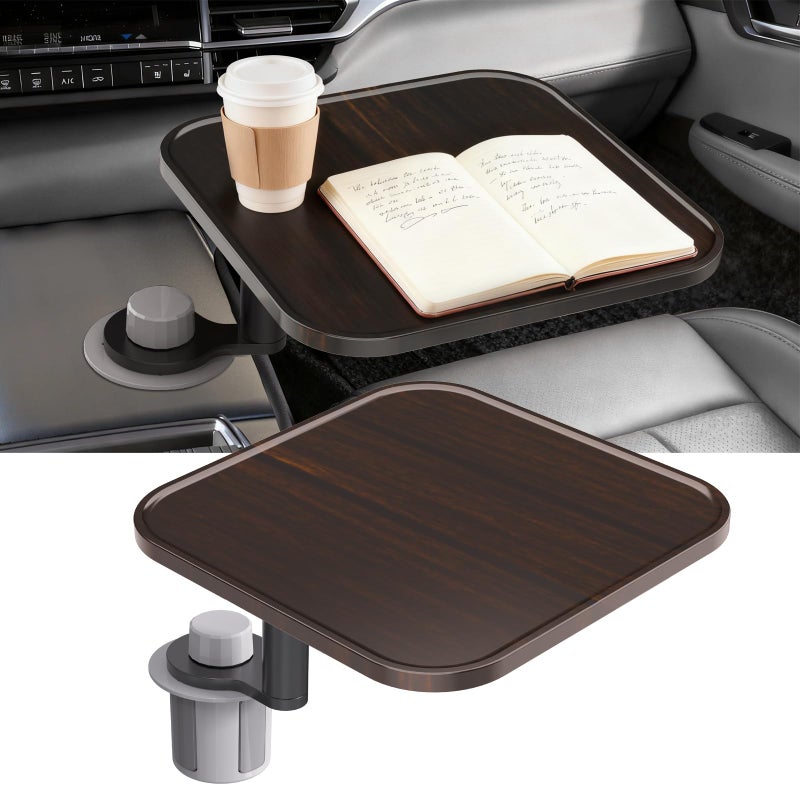 VSTM 360Â° Rotation Car Desk for Laptop, Height-Adjustable Cup Holder Table, Wooden Car Food Tray & Laptop Mount Compatible with Tesla Model Y/3/S, Ford F150/Explorer/Maverick & Most Vehicles (Dark Walnut) - Image 1