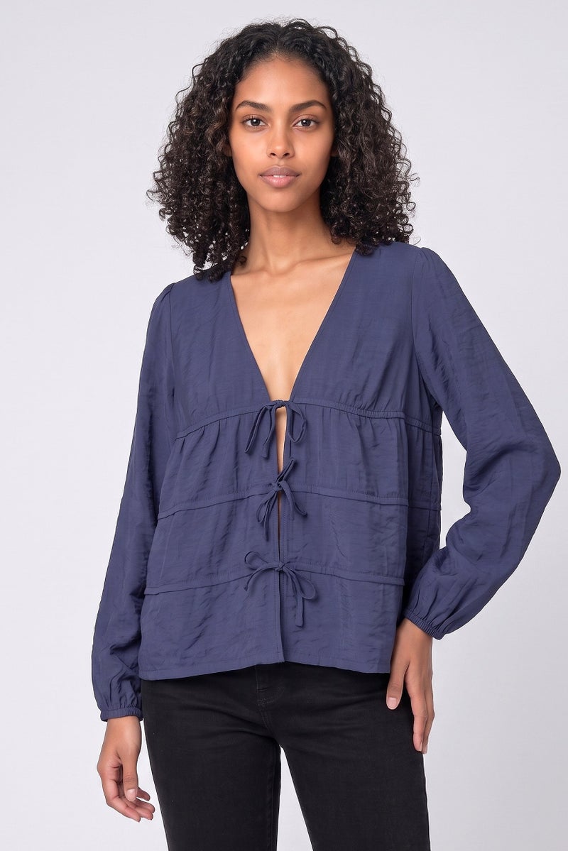 Threadbare Women V Neck Long Sleeve Plain Blouses, Navy - Image 1