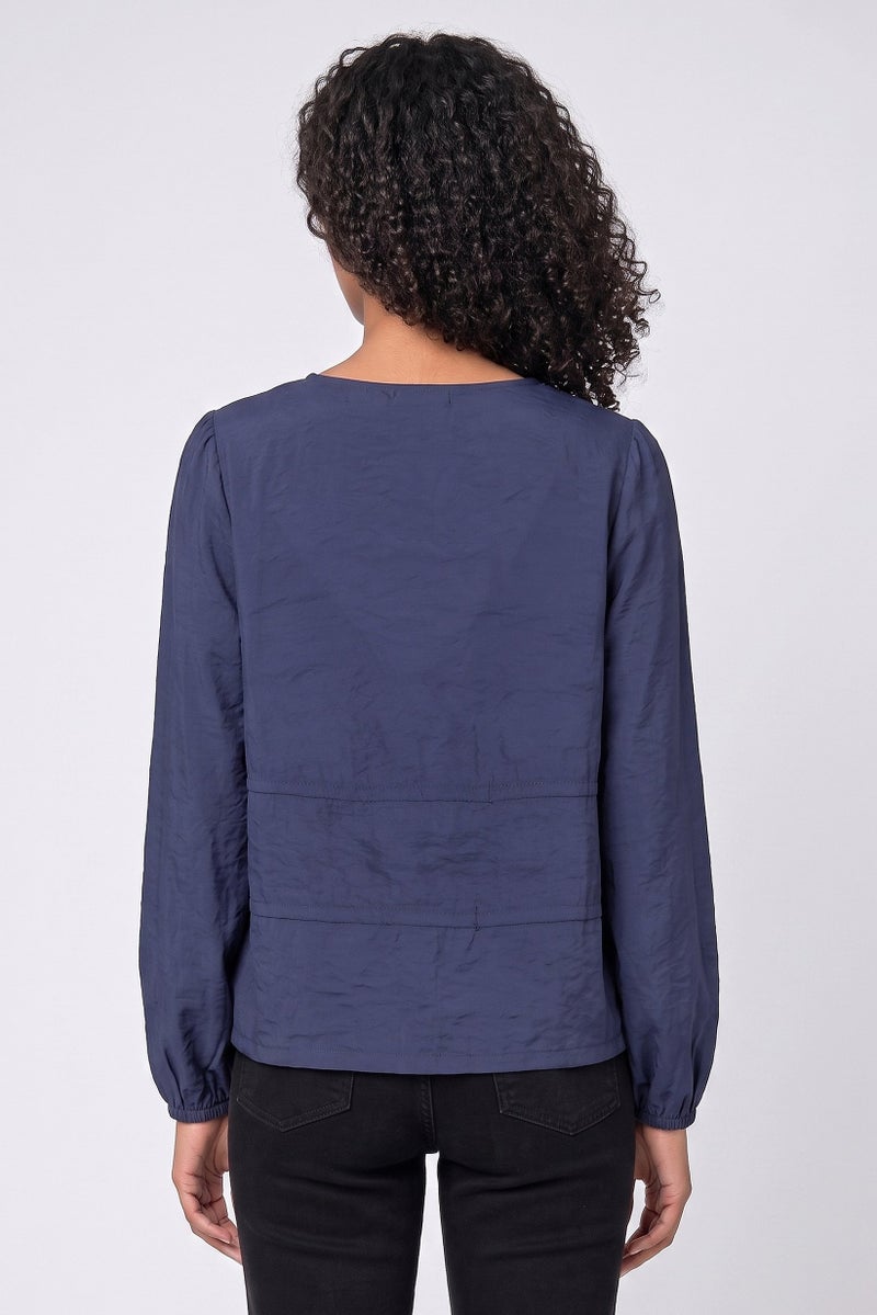 Threadbare Women V Neck Long Sleeve Plain Blouses, Navy - Image 4