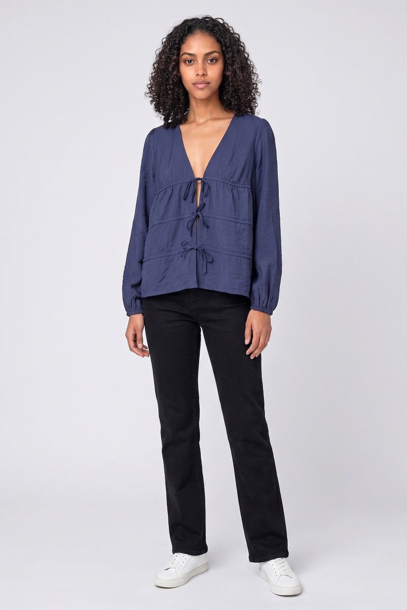 Threadbare Women V Neck Long Sleeve Plain Blouses, Navy - Image 2
