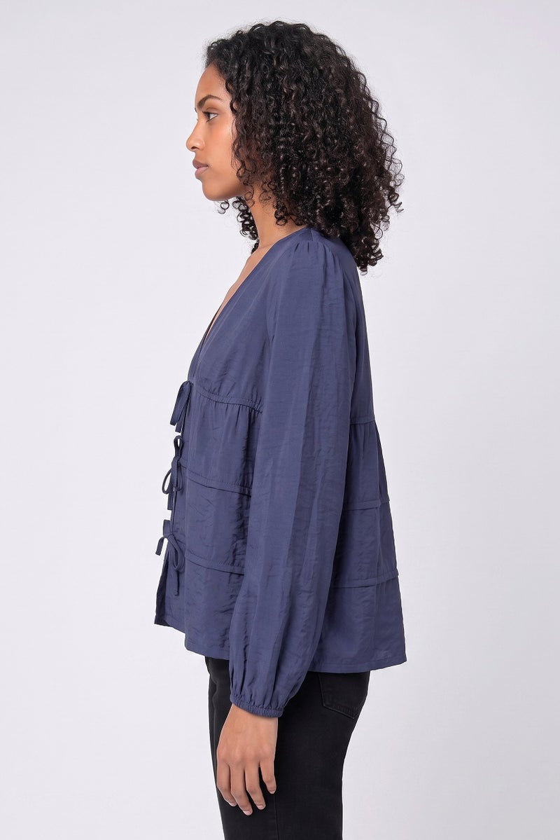 Threadbare Women V Neck Long Sleeve Plain Blouses, Navy - Image 3