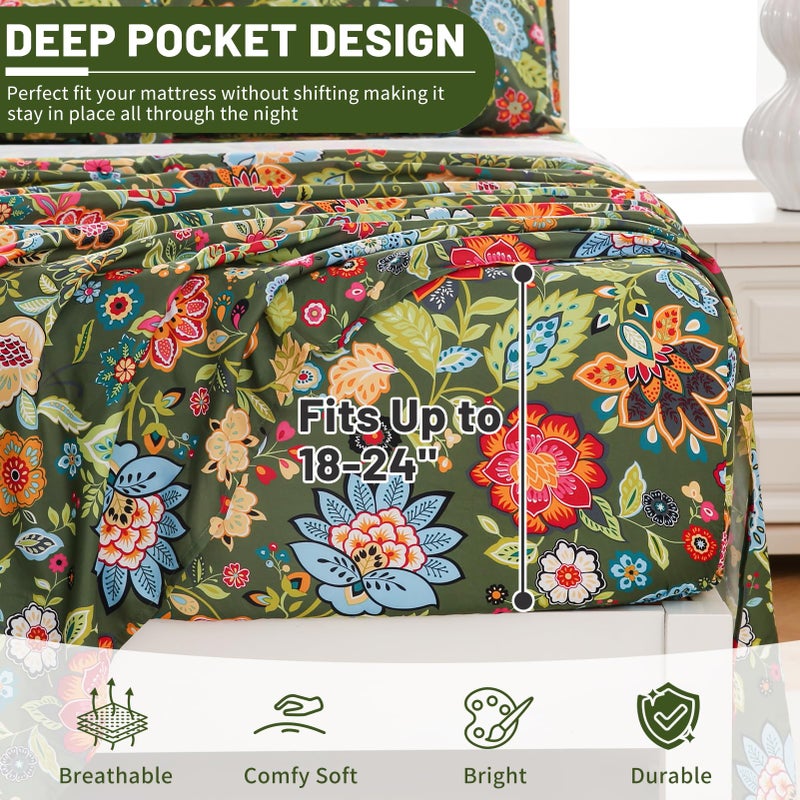 Bedlifes King Size Extra Deep Pocket Sheet Sets - Fits Mattresses Up to 18-24" Thick, 4-Piece Microfiber Set with 1800 Thread Count, Soft, Smooth, Breathable, Featuring Floral Dark Green - Image 2