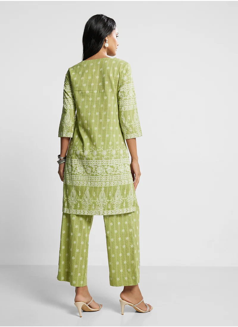 Biba Printed Kurta, Palazo & Dupatta Set