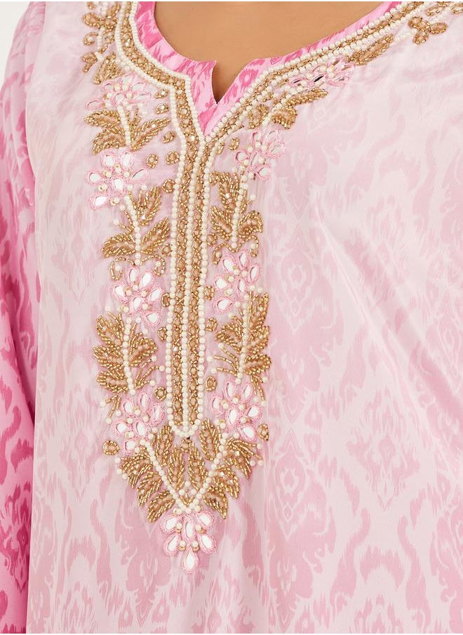 Maxim Creation Embroidered Notch Neck Printed A-Line Kaftan by Styli  - Image 4