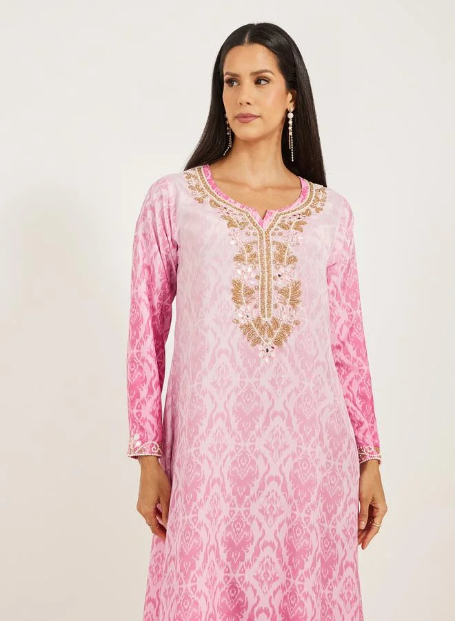 Maxim Creation Embroidered Notch Neck Printed A-Line Kaftan by Styli