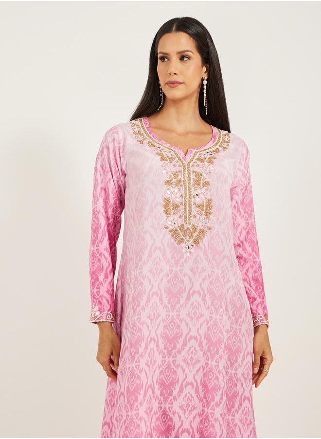 Maxim Creation Embroidered Notch Neck Printed A-Line Kaftan by Styli  - Image 3