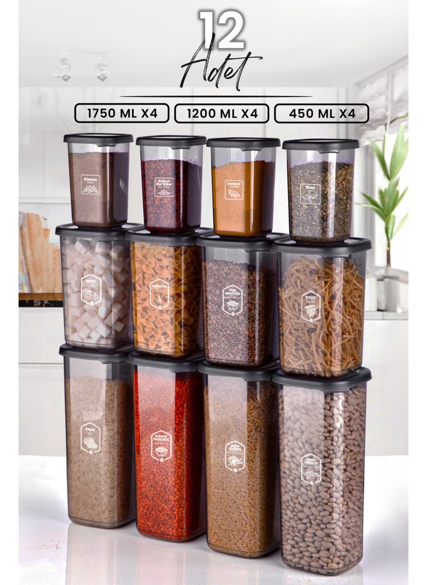 Kitchen Life طقم حاويات تخزين طعام مربع حديث 12 قطعة مع ملصقات (1750 مل × 4 - 1200 مل × 4 - 450 مل × 4) رف التوابل  - Image 1