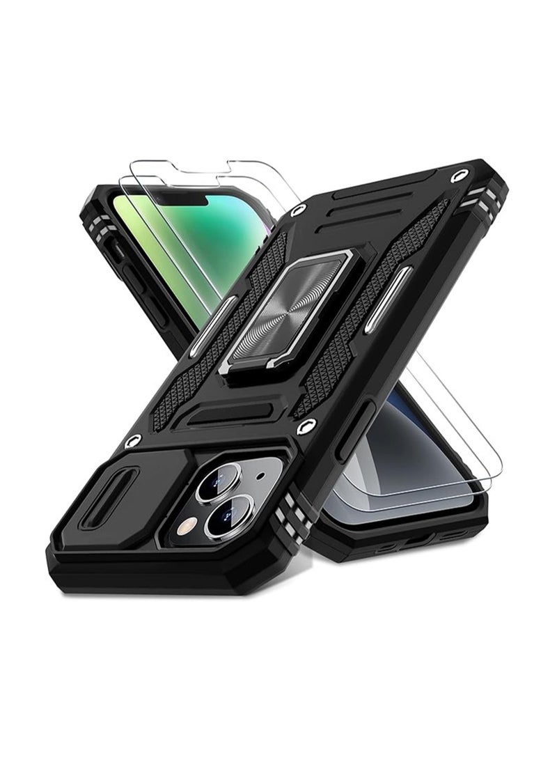 WRISTWISE Case Cover for iPhone 14 6.1-Inch with Slide Camera Cover+Screen Protector(2 Packs), Rotated Ring Kickstand Military Grade Shockproof Protective Cover-Black - Image 1