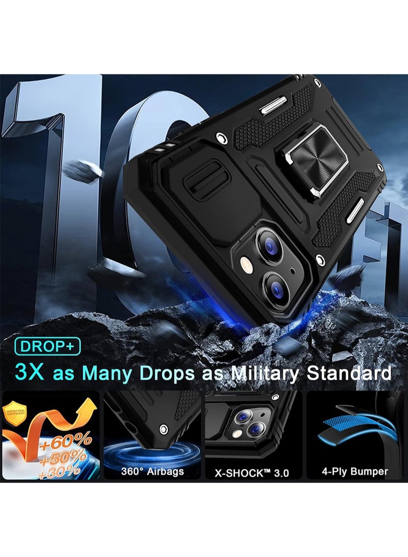 WRISTWISE Case Cover for iPhone 14 6.1-Inch with Slide Camera Cover+Screen Protector(2 Packs), Rotated Ring Kickstand Military Grade Shockproof Protective Cover-Black - Image 3