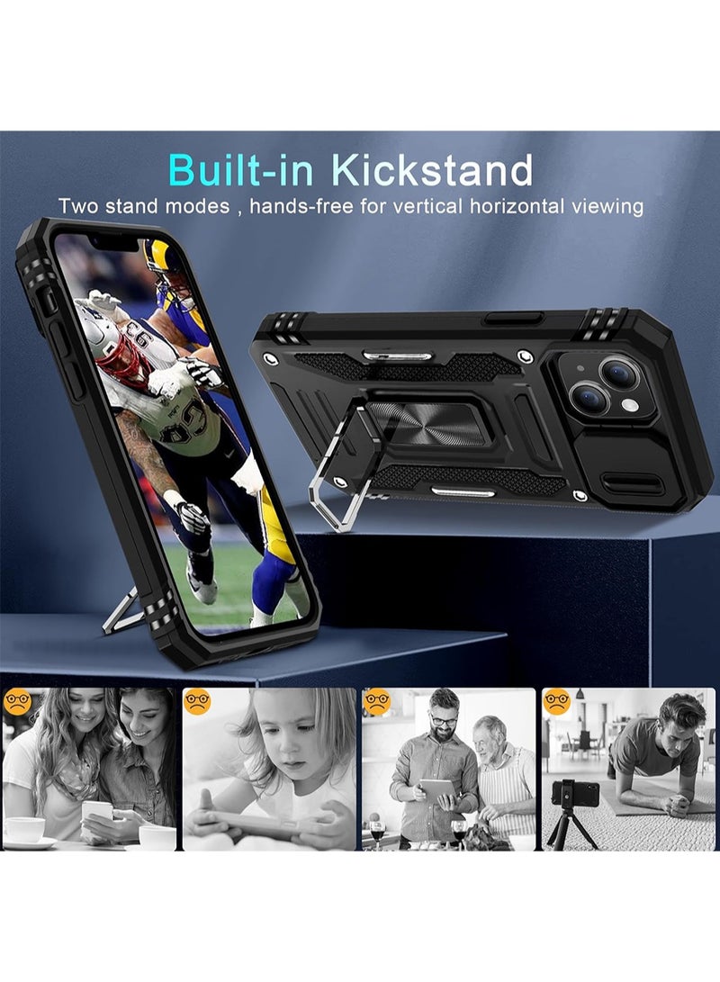 WRISTWISE Case Cover for iPhone 14 6.1-Inch with Slide Camera Cover+Screen Protector(2 Packs), Rotated Ring Kickstand Military Grade Shockproof Protective Cover-Black - Image 4