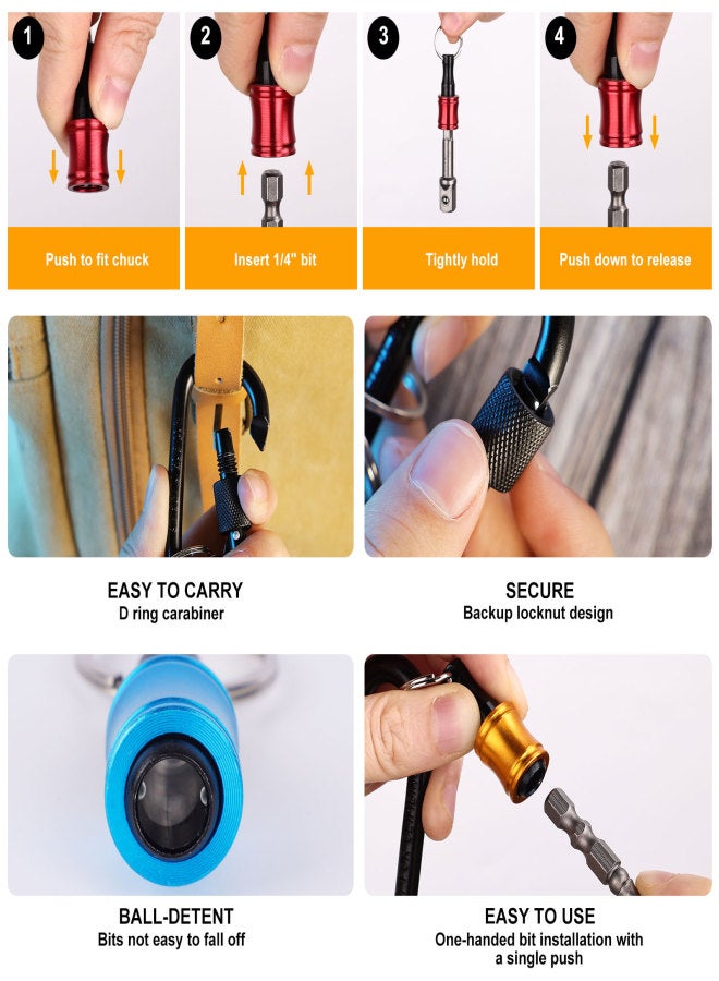 Katerk 1/4inch Hex Shank Aluminum Alloy Screwdriver Bits Holder Extension Bar Drill Screw Adapter Change Keychain Portable（3*6PC color with black carabiner） - Image 4
