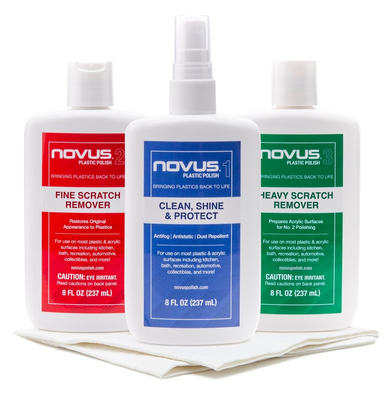 NOVUS-PK1-8 | Plastic Clean & Shine #1, Fine Scratch Remover #2, Heavy Scratch Remover #3 and Polish Mates Pack | 8 Ounce Bottles - Image 1