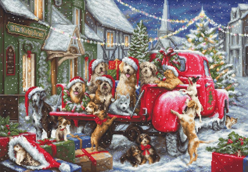 LucaS Cross Stitch Kit Gold  Puppies Christmas B2414